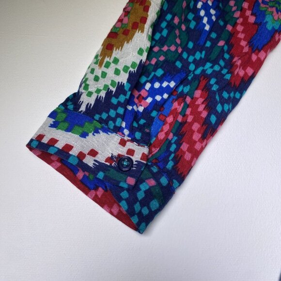 Maeve Anthropologie Topoxte Geometric Ikat Button Front Blouse Shirt Size 0 Blue - Picture 10 of 13